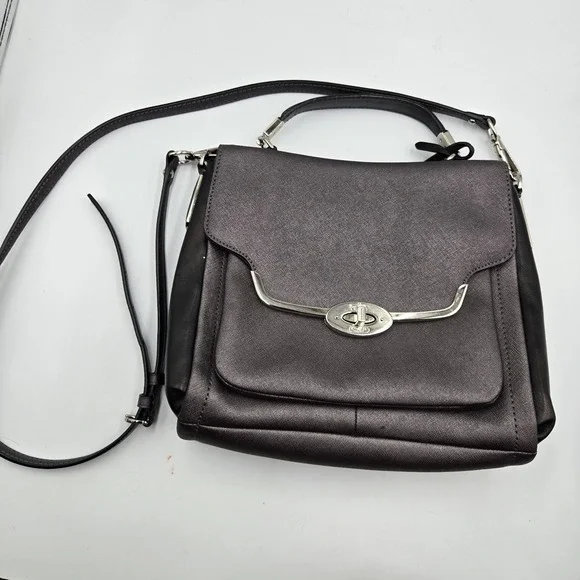 NEW COACH Madison Sadie Flap Saffiano Leather Satchel Gray Metallic + Red F26274 - Picture 15 of 16